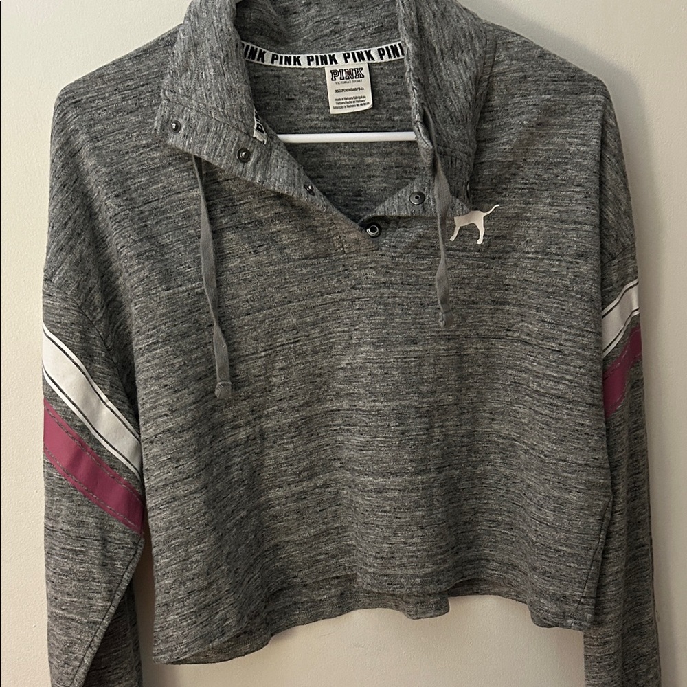 PINK Victoria's Secret Gray and Pink Cropped Hoodie